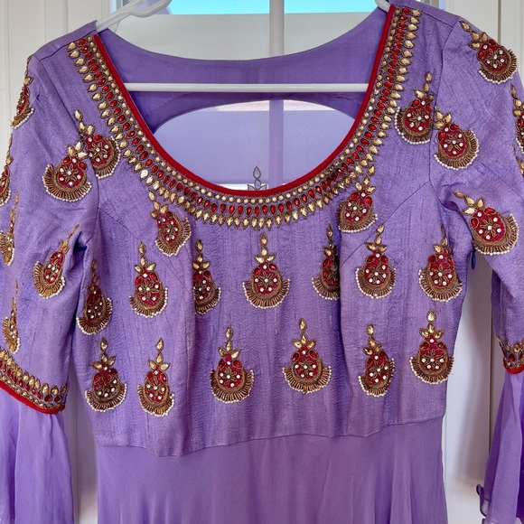 Pure georgette & rawsilk Indian designer LONG GOWN with Kundan work & long ghera - Picture 10 of 12